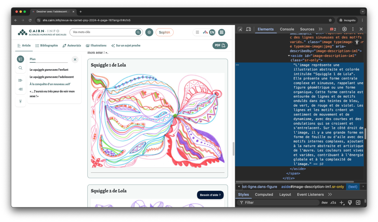 Capture d'écran de Google Chrome avec image à gauche et code HTML à droite, surlignant la description suivante dans la baise <aside id="image-description-im1" class="sr-only"> : L'image représente une illustration abstraite et colorée intitulée "Squiggle 1 de Lola". Elle présente une forme centrale complexe et sinueuse, rappelant une figure géométrique ou une forme organique. Cette forme centrale est entourée de lignes et de motifs ondulés dans des teintes de bleu, de vert, de rouge et de violet...