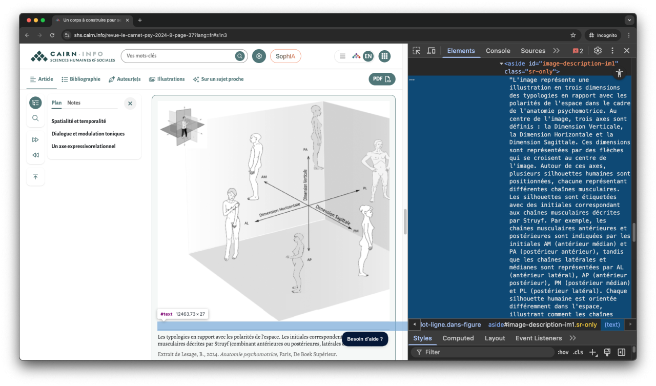 Capture d'écran de Google Chrome avec image à gauche et code HTML à droite, surlignant la description suivante dans la baise <aside id="image-descL'image représente une illustration en trois dimensions des typologies en rapport avec les polarités de l'espace dans le cadre de l'anatomie psychomotrice. Au centre de l'image, trois axes sont définis : la Dimension Verticale, la Dimension Horizontale et la Dimension Sagittale. Ces dimensions sont représentées par des flèches qui se croisent au centre de l'image.