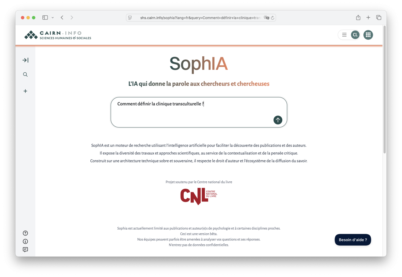 Capture d'écran : page d'accueil de SophIA