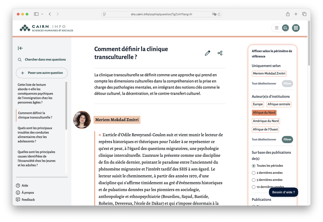 Capture d'écran : page d'accueil de SophIA avec filtre "Afrique du Nord" activé