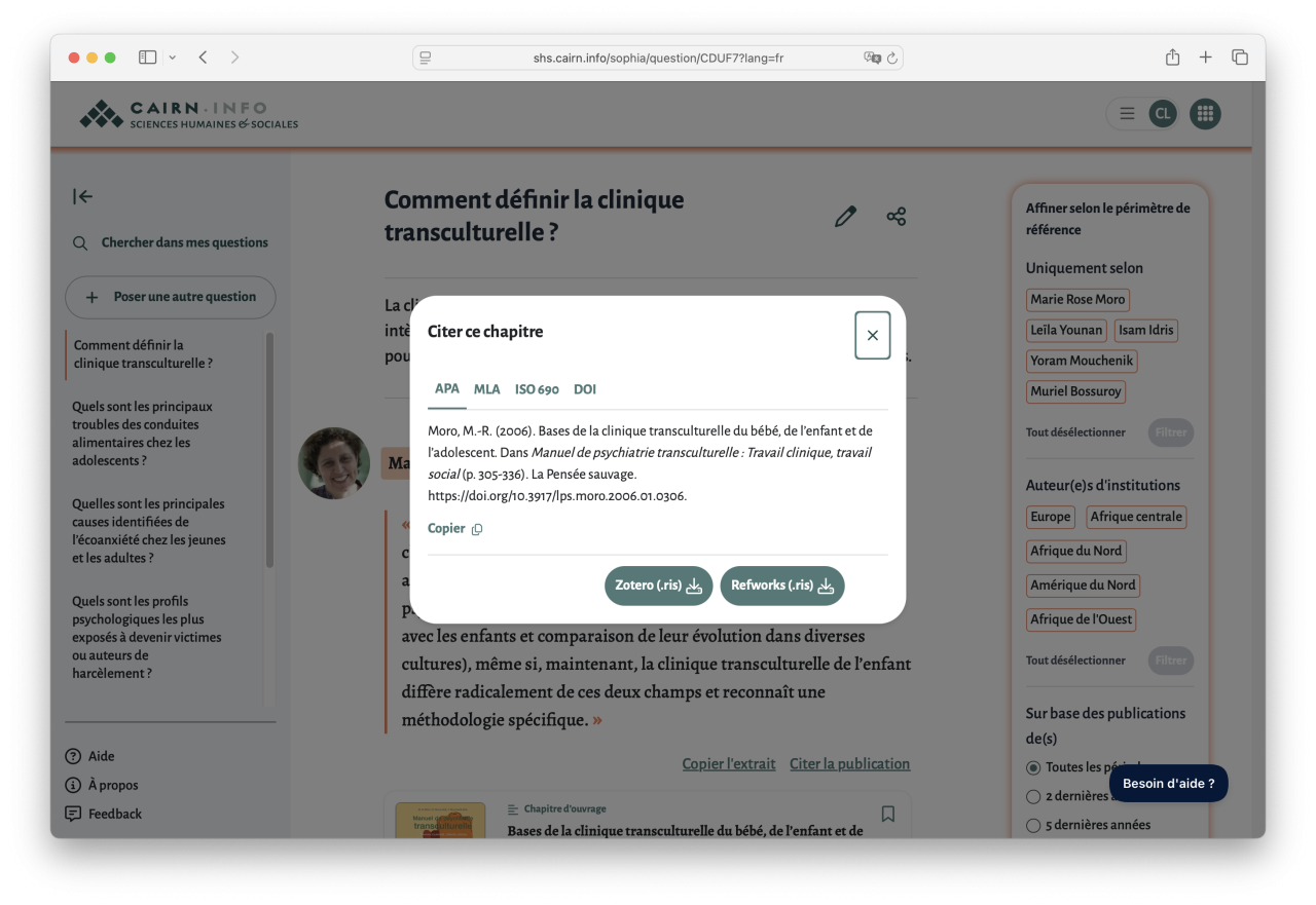 Capture d'écran : page de réponse de SophIA avec modale de citation visible