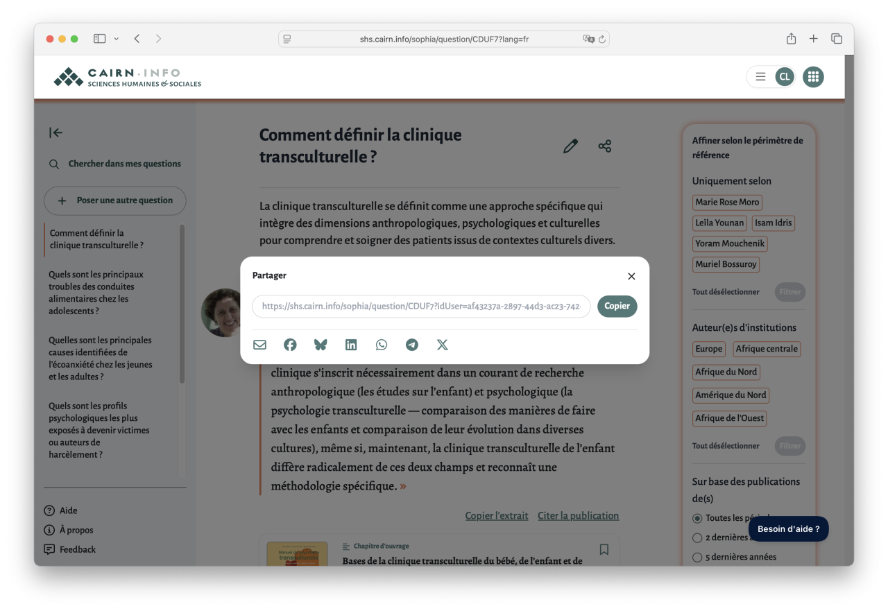 Capture d'écran : page de réponse de SophIA avec modale de partage visible