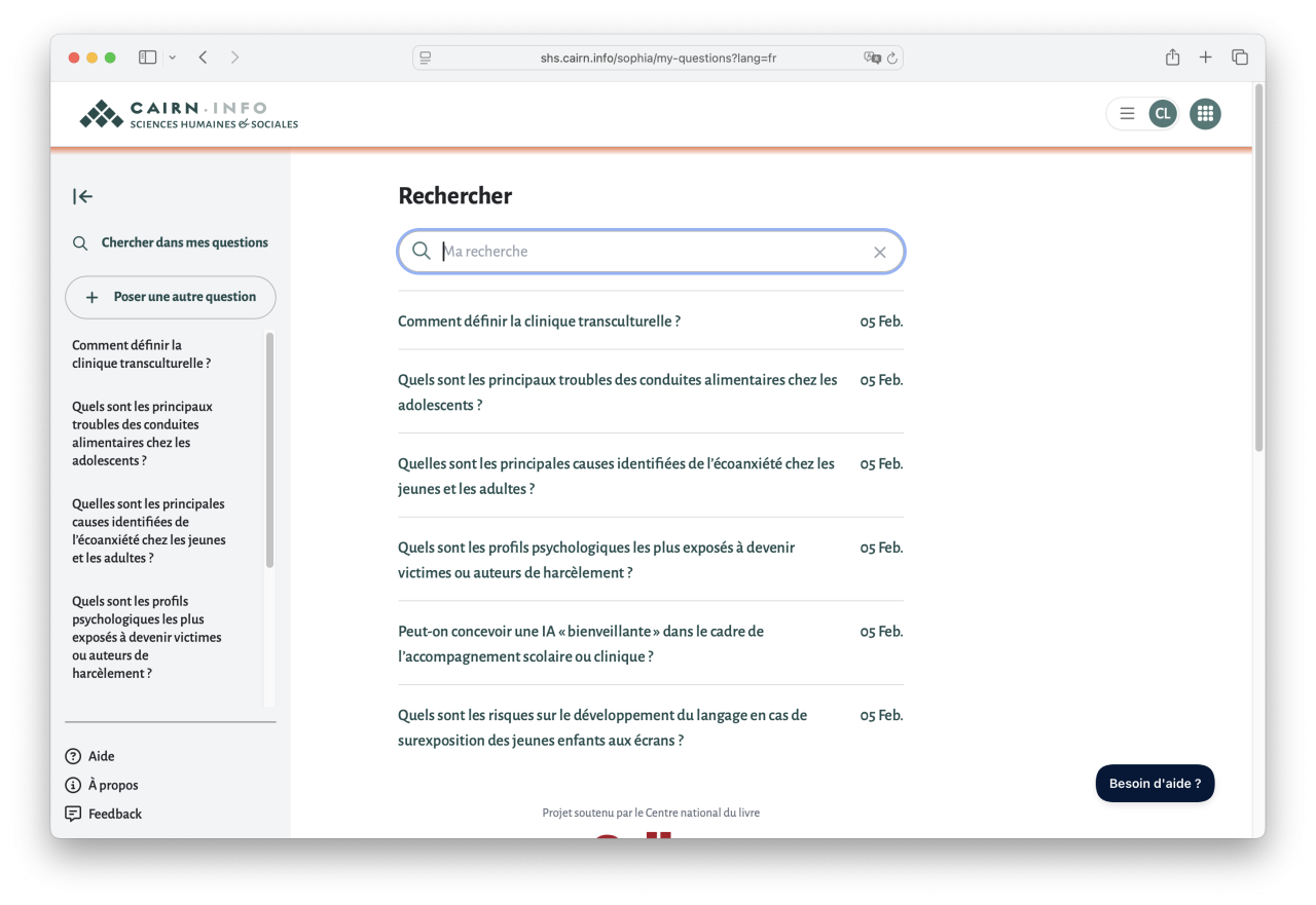 Capture d'écran : page de recherche dans mes questions SophIA