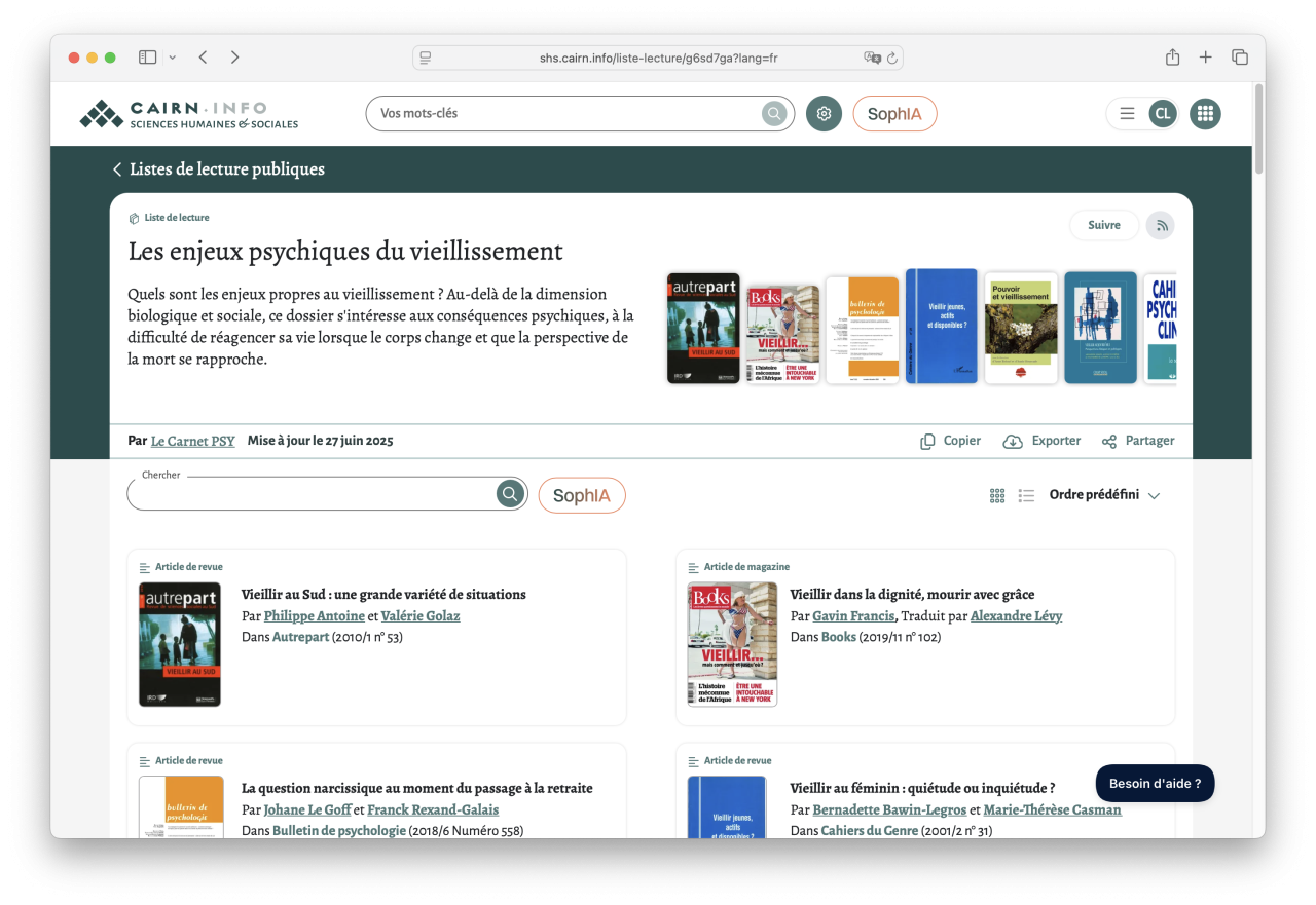 Capture d'écran : page d'une liste de lecture publique sur Cairn.info