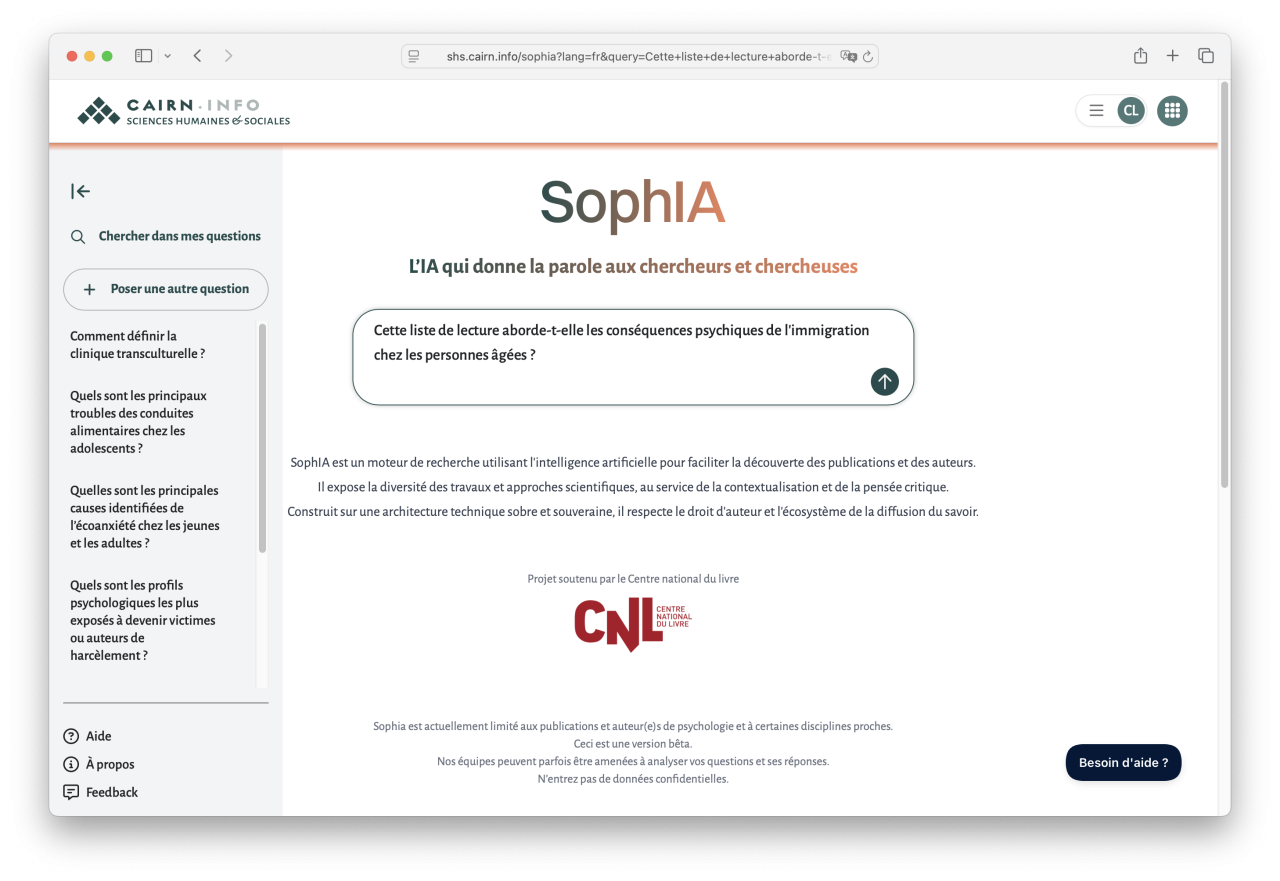 Capture d'écran : page de question SophIA, sur le périmètre d'une liste de lecture