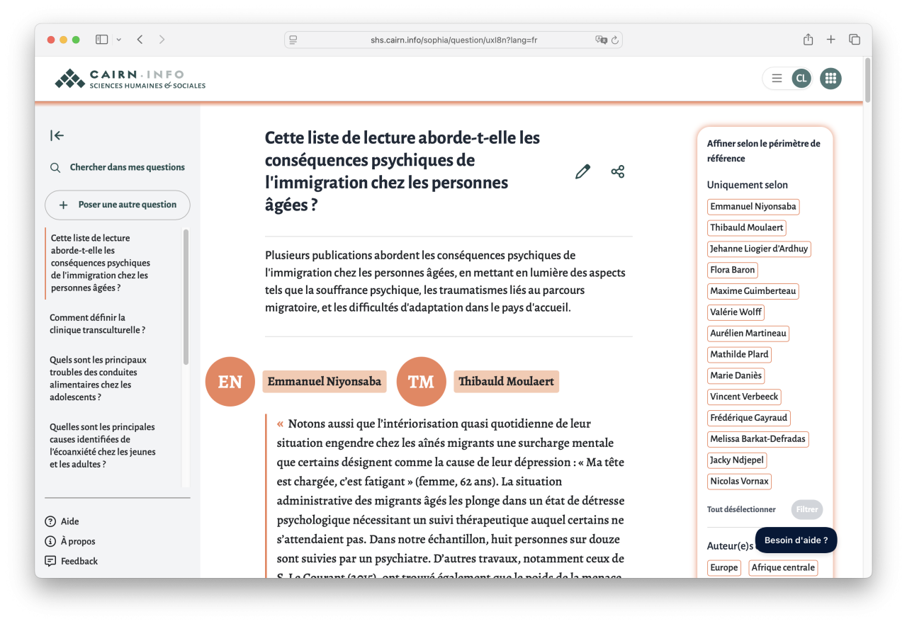 Capture d'écran : page de réponse SophIA, sur le périmètre d'une liste de lecture